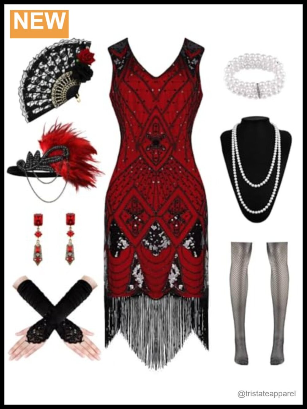 VillbeCoser 1920s Flapper Dress Sequin Fringe Gatsby Costume Set